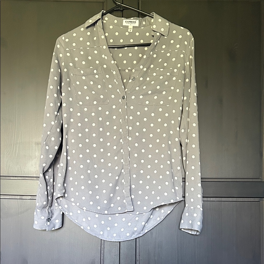 Express Gray Button Down Shirt with White Polka Dots